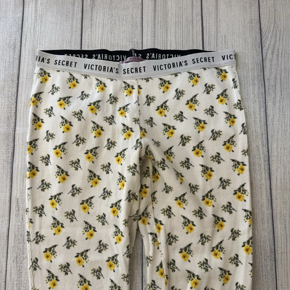Victoria's Secret Floral Thermal Pajama Set Women's Cream Yellow Waffle Knit S